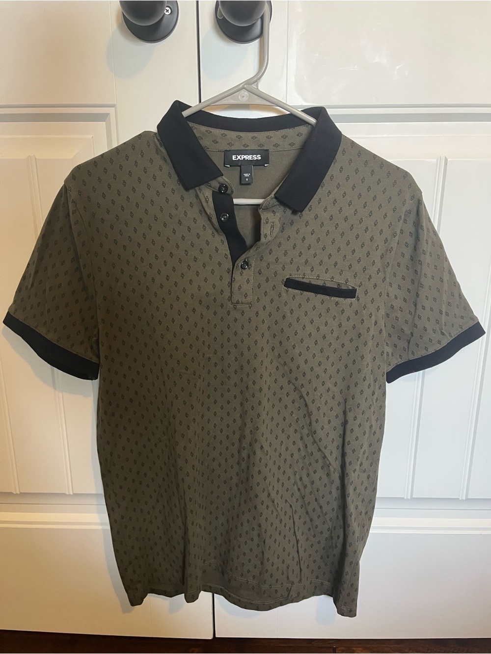 Express Olive Green Polo with Black Contrast Collar and Trim